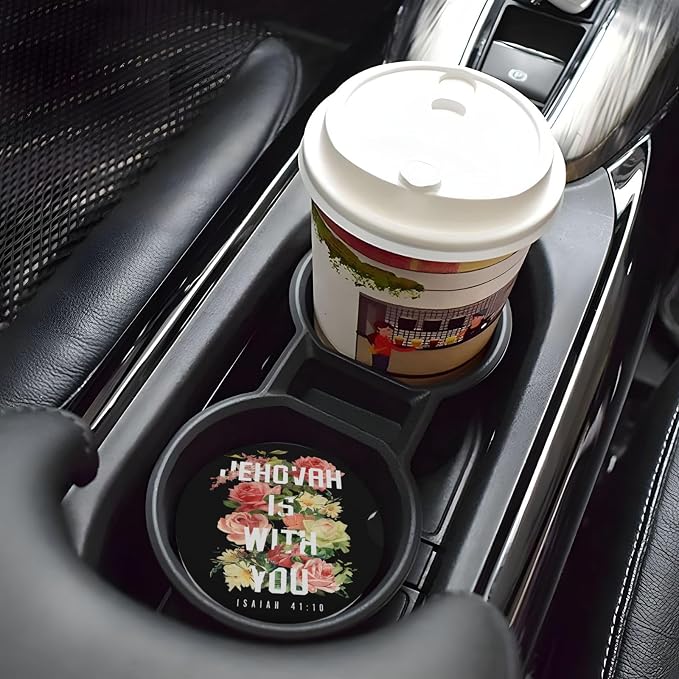 Jehovah is with You Floral Absorbent Ceramic Car Coasters 2 Pack Round Insert Cupholder Coaster Car Cup Holder Mat with Finger Notch Anti-Slip Cork Base Reusable Drink Coasters 2.56 in