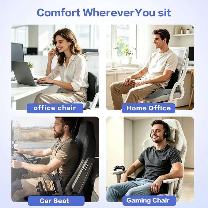 Back and Seat Cushion for Office Chair | Wide ergonomic memory foam, coccyx cutout & adjustable straps, tailbone & back relief, non-slip for car, home & gaming