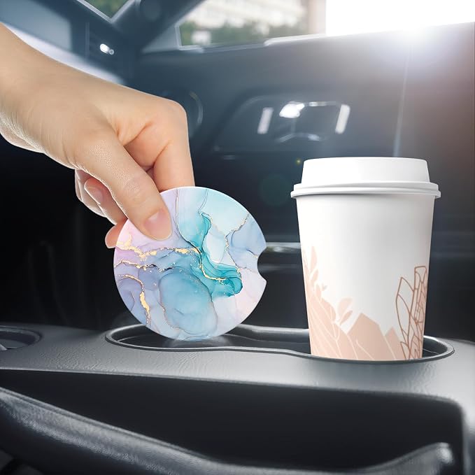 Aiawoxc Car Cup Holder Coasters, 2 Pack Universal Auto Anti Slip Insert Coaster with A Finger Notch, Cup Mat for Most Car Interior, Colorful Ink Marble