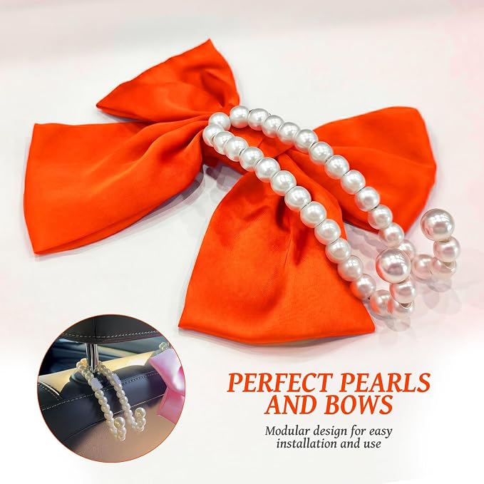 2 PCS Bow Pearl Car Seat Headrest Hook β Cute Purse Hook for Car, Girly Interior Decoration Accessories Hook Hanger, Seatback Holder for Purses & Bags, Elegant Car Organizer (Orange)