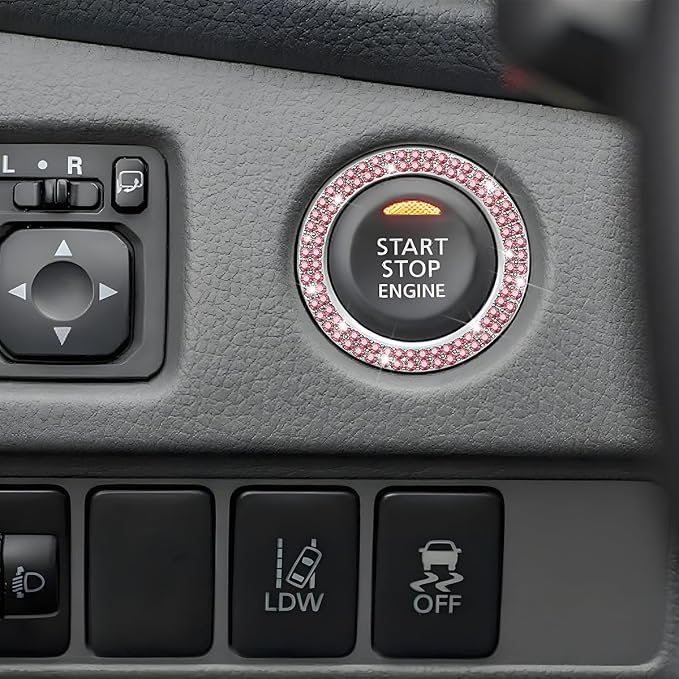 Bling Car Engine Start Ring Decals, 2PCS Sparkling Crystal Rhinestone Vehicle Push to Start Button Sticker, Diamond Auto Key Ignition Knob Decorative Ring, Universal for Vehicles (Pink)