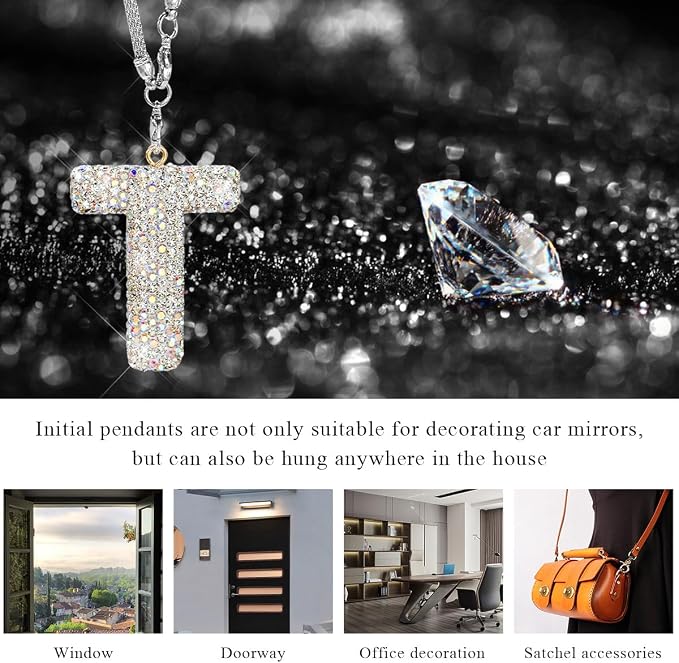 DXNQ Bling Initial Car Rear View Mirror Ornament, Crystal Sparkling Cute Letter Charm Pendant Auto Decor, Hanging Lucky Diamond Initial Charm Car Mirror Bag Ornament for Girl Women (Letter T)