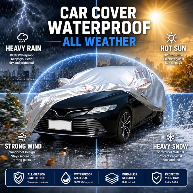 Waterproof All Weather Heavy Duty Vehicle Cover, 360° Underbody Wrap Windproof Design, Quick Install Outdoor Cover,(for Toyota Camry 2001-2025)
