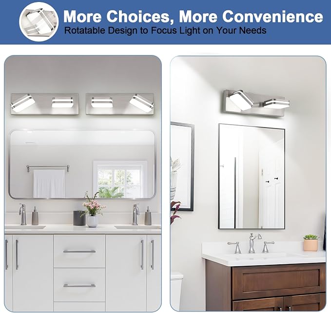 Torondo 360° Rotate LED Bathroom Vanity Light Fixtures, Acrylic Vanity Lights for Bathroom, Modern Wall Lighting Fixtures Over Mirror Living, Brushed Nickel, Natural White, 2-Light, 14-Inch