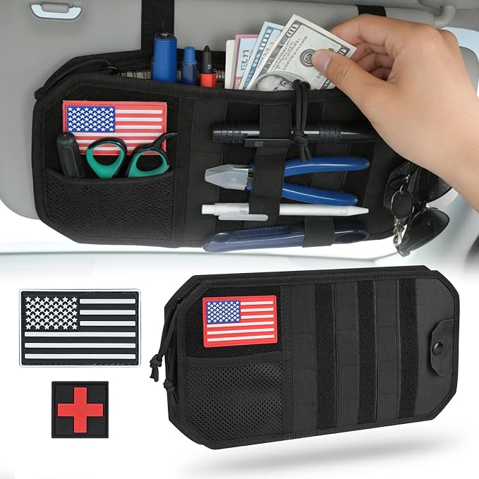 Molle Car Visor Organizer, Tactical Truck Accessories for SUVs Jeep, Sunglasses Holder & Zipper Pouch, Car Organizers and Storage, Semi-Rigid Panel, Police Gear Storage for Pickup Patrol