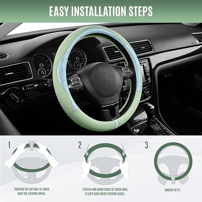PIC AUTO Steering Wheel Cover, Light Blue Patterned & Green Leather Patchwork Design, Universal Fit 14.5"–15.5", Anti-Slip, Odor-Free, Soft Grain Leather, Durable Grip Car Accessory for Girls & Women