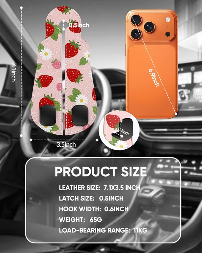WOCOCN Purse Holder for Car, 2 Pack Heavy Duty Purse Hanger for Car, PU Leather Car Seat Hooks for Purses and Bags, Cute Strawberry Headrest Organizer for Handbags & Backpacks