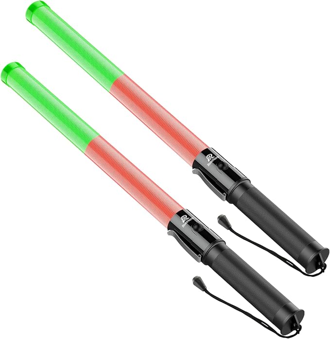 RoadHero 2 Pack 21 Inch Traffic Wands, Red and Green Led Traffic Control Baton, Safety Light Wand with 3 Flashing Modes, Air Marshaling Signal Wand with Side Clip for Airport, Parking, Car Directing