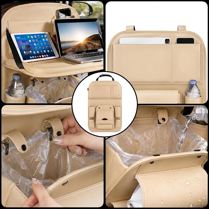 Backseat Car Organizer with Tray, 1 Pack Leather Seat Storage, Cream | Foldable Tray Table,Tablet Holder,Trash Can Pocket,Kick Mat Protector,Easy-Clean Leather