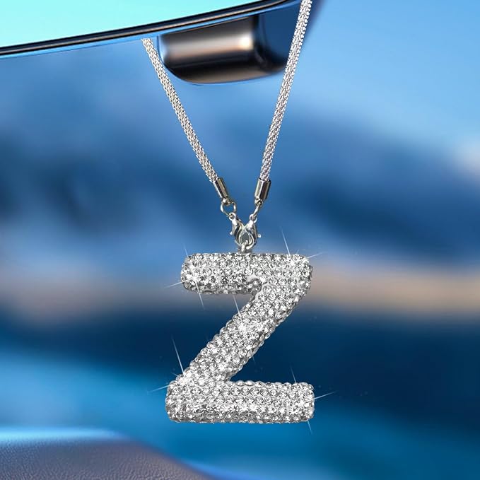 Bling Car Accessories for Women Letter Charm, Rear View Mirror Ornament Cute Hanging Crystal Pendant Girl Car Decorations, Lucky Diamond Rhinestone Girly Charm Interior (White Z)