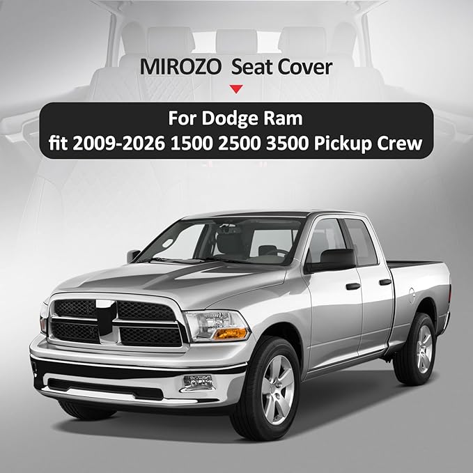 MIROZO Ram Seat Covers Full Set, Waterproof Car Seat Cover Grey Leather Truck Seat Protector Compatible with 2009-2026 RAM 1500/2500/3500 Crew Quad Cab Pickup with Split Curved Bench 40/60,Gray