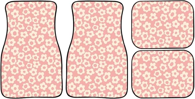 Vintage Pink Flower Print Car Floor Mats Set of 4 Cute Floral Universal Vehicle Floor Carpet Decorative Auto Front Rear Foot Rugs for Trucks SUV Sedan