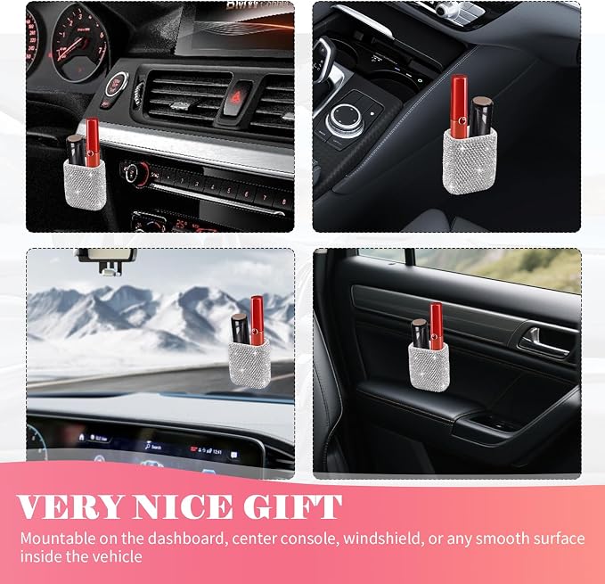 Bling Chapstick Holder for Car with Rhinestone,Portable Car Chapstick Holder as Chapsticks Organizer,Self-Adhesive Cars Lip Balm Holders Cars Interior Accessories for Women (White)