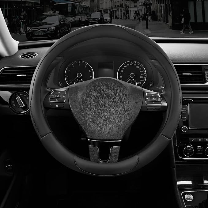 Road Comforts Steering Wheel Cover, Breathable Anti-Slip Leather Steering Wheel Cover, Universal Fit 14.5–15 Inch, Comfortable Grip - Black Color