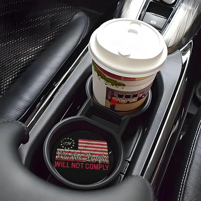 Vintage America American Flag Absorbent Ceramic Car Coasters 2 Pack Round Insert Cupholder Coaster Car Cup Holder Mat with Finger Notch Anti-Slip Cork Base Reusable Drink Coasters 2.56 in