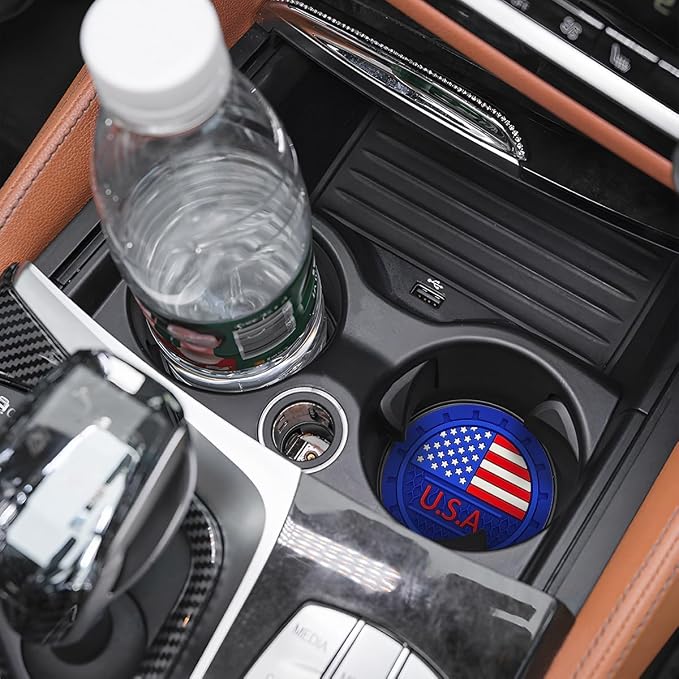 AUCELI 2 Pack Car Cup Holder Coasters, Colored American Flag US Flag Insert Car Cup Coaster, 2.75 Inch Anti Slip Shockproof Embedded Drink Mat, Vehicle Interior Decor Accessories