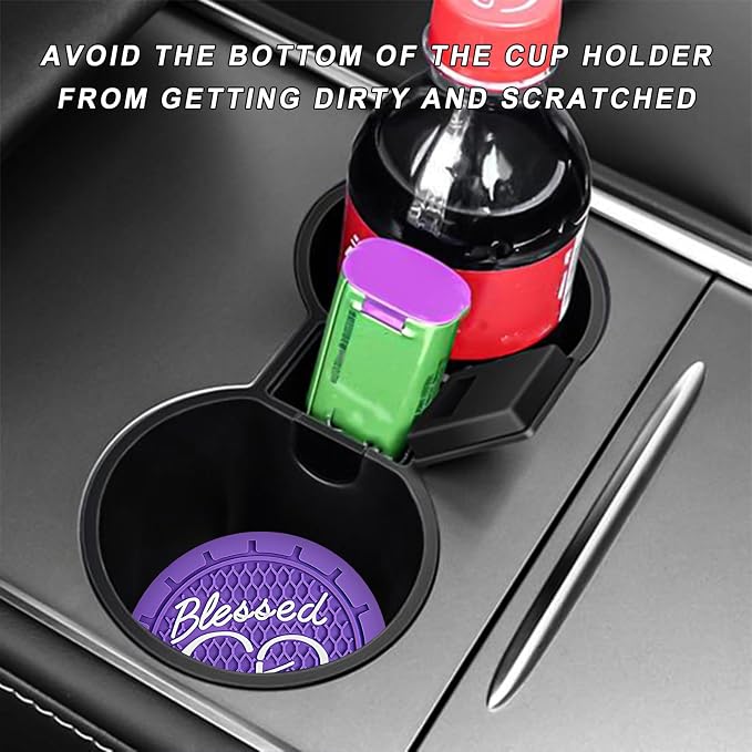 4 PCS Car Cup Holder Coaster, 2.76 Inch Soft PVC Non-Slip Blessed Cross and Heart Christian Car Cup Coasters, Auto Interior Shockproof Insert Drink Mat for Most Vehicles (Dark Purple)