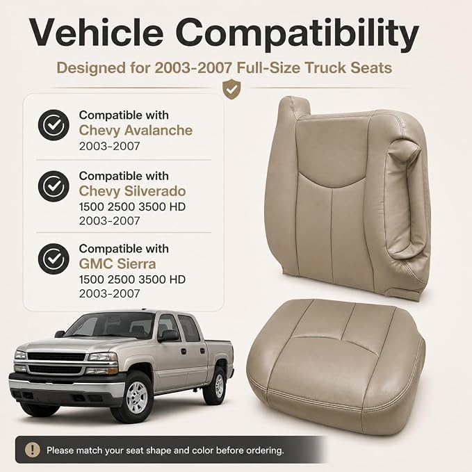NLQR #522/52i Med Tan Driver & Passenger Bottom & Top Lean Back Replacement Leather Seat Covers & Armrests fit for Chevy Silverado Tahoe Suburban Avalanche GMC Yukon Sierra 1500 2500 3500 HD 2003-2007