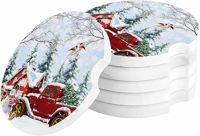 Car Coasters for Cup Holders 2.6"Dia Absorbent Coasters Set of 4 Car Interior Accessories for Women Men Ceramic Car Coaster for Drinks with Finger Grooves,Christmas Winter Snowflakes Snowman Truck Red