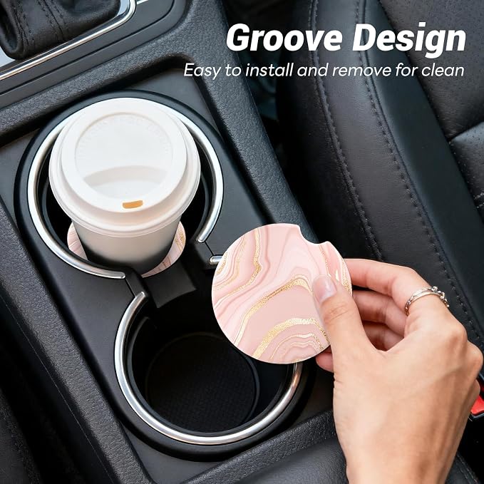 Car Cup Holder Ceramic Coasters 2 Pack, 2.56 in Anti Slip Absorbent Coaster with Cork Base and Finger Notch, Funny Cute Car Accessories Interior for Women, Light Pink Stone