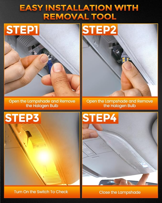 BANGO 24 Pieces Car LED Interior Light Bulbs, Non-Polarity Design with Removal Tool, Suitable for Car Dome Map Door Trunk License Plate Lights, Etc. (Amber Yellow)