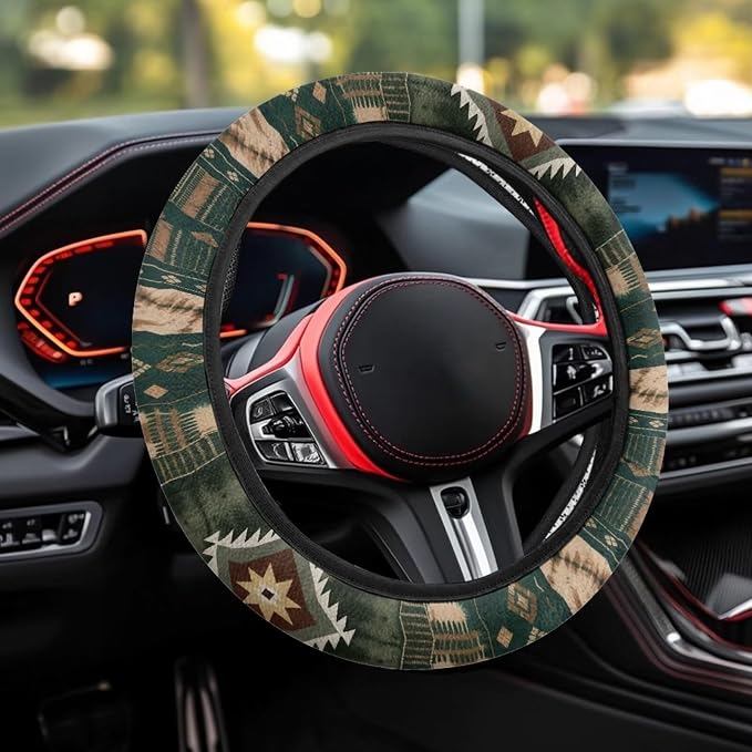 Wanyint Car Steering Wheel Cover Universal 15 Inch Steering Wheel Protector Auto Accessories Decor Anti-Slip Washable Universal Fit Most Vehicles, Southwest Aztec Dark Green