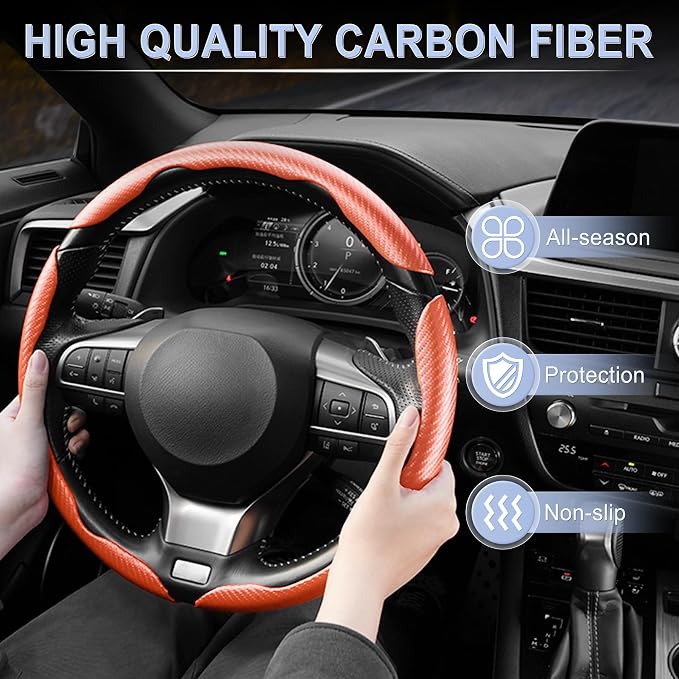 Amiss 3pcs Carbon Fiber Anti-Skid Steering Wheel Cover, Waterproof & Segmented Butterfly Design, Universal 99% Vehicle Wheel Cover Protector, Car Interior Accessories (Orange-3pcs)