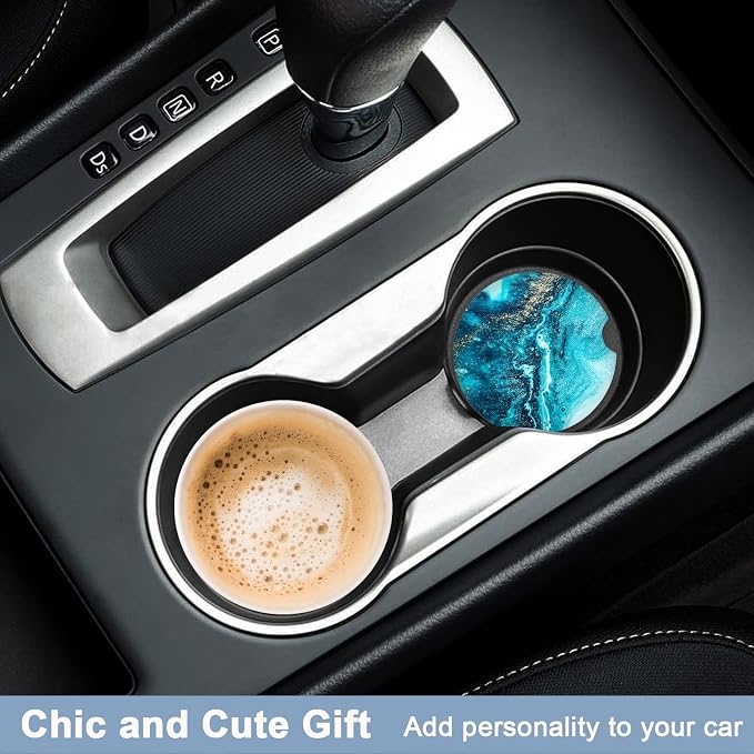 Nipichsha Car Coasters for Cup Holders, 2 Pack Absorbent Ceramic Car Cup Holder Coaster for Drinks, Cute Auto Assecories for Women Men, Size 2.56 in with Finger Notch & Cork Base, Blue Marble