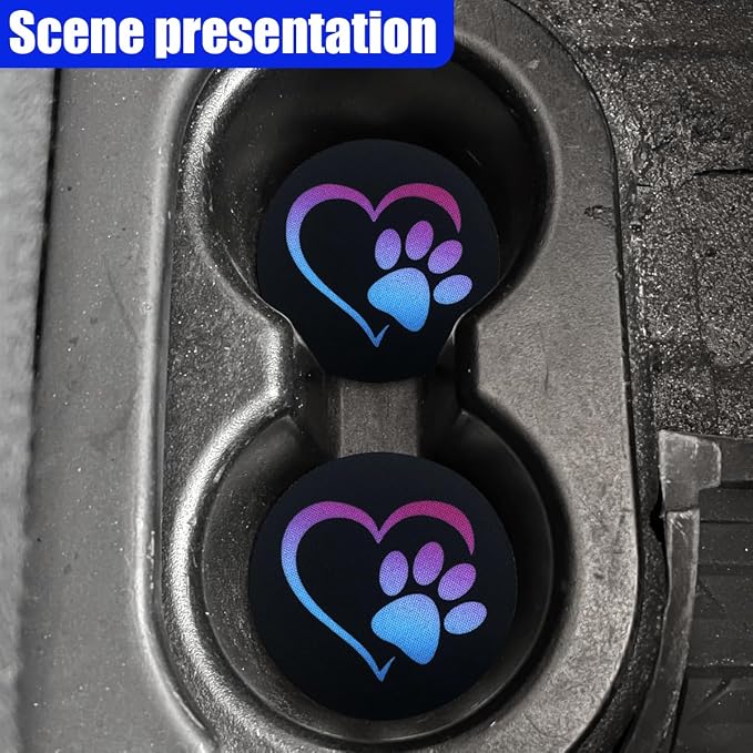 2PCS Dog Paw Heart Print Car Cup Holder Coasters, 2.73 Inch Anti-Slip Shockproof Automotive Drink Mat for Women and Men, Universal Vehicle Cup Holder Insert for RV, SUV, Truck (Colorful)