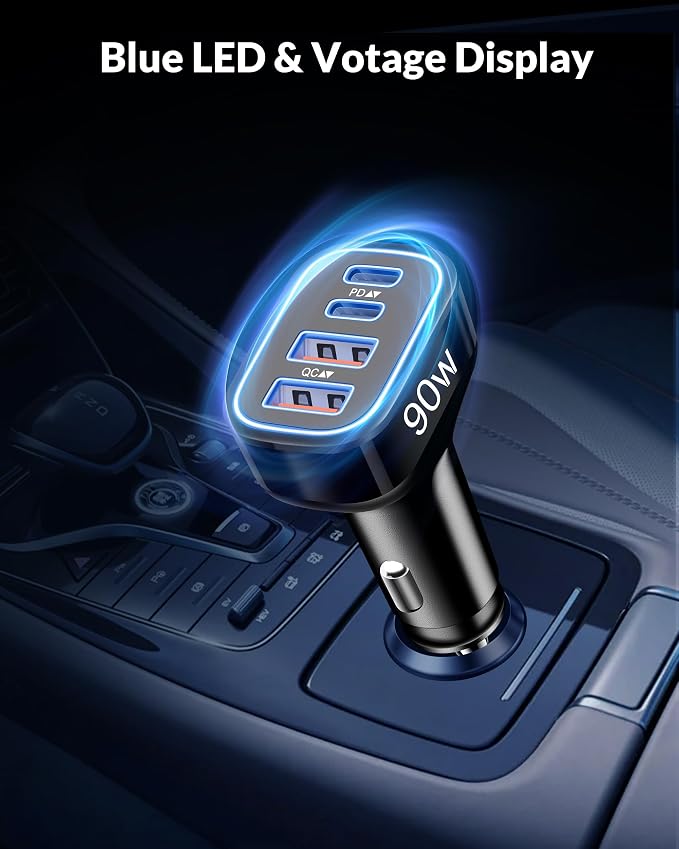2-Pack USB C Car Charger 90W 4-Port Cigarette Lighter Adapter Accessories | PD/PPS/QC Super Fast Charging,12-24V USB Outlet,Multiport Car Phone Charger for iPhone/Galaxy/Tablet,Family Travel Essentials