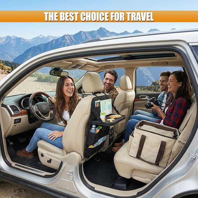Car Backseat Organizer with Foldable Table Tray, Oxford Cloth Car Seat Back Kick Mat Protector, Multifunctional Auto Interior Hanging Storage Pocket for Cars, SUVs(With)