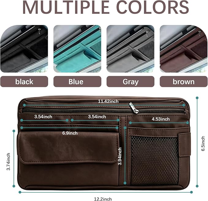Car Sun Visor Organizer, Visor Accessories, Leather Sunvisor Pocket Organizer Case with Multi-Pocket Net Zipper, Waterproof Auto Sunshade Organizer Bag for Card Pen Sunglasses Document (Brown)