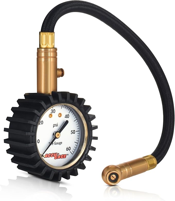 Accu-Gage RH60XA Tire Pressure Gauge with Hose and Protective Rubber Guard, Angled Swivel Chuck, 60 PSI