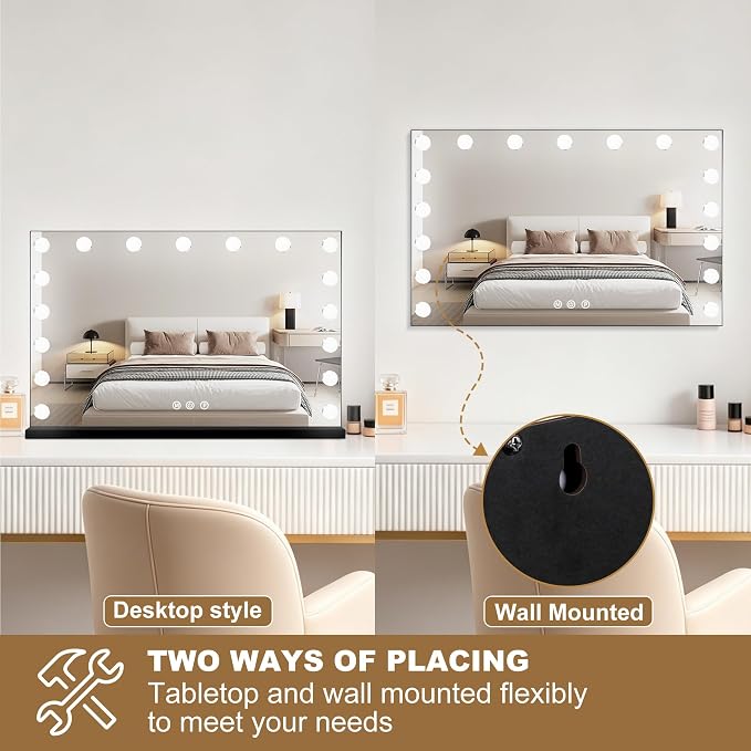 Ratsamee Black Hollywood Vanity Mirror with Lights, 17 Dimmable Bulbs, 3 Color Lights,Make Up Lighted Mirror, Aluminum Metal Frame, USB Charging Port(28" x 20")