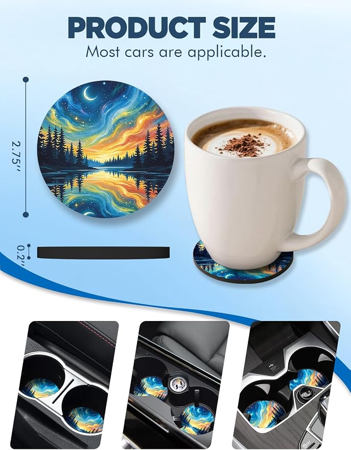 WOCOCN Car Coasters for Cup Holders - 2 Pack 2.75" Universal Rubber Car Cup Coaster, Non-Slip Waterproof Car Interior Accessories, Cute Car Decor Gifts for Women and Men (Moonlit Night)
