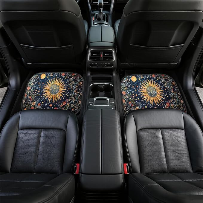 Abstract Car Floor Mats Set of 4 Vintage Sun Moon Star Floral Vibrant Color Carpet Front Rear Carpets Mat Non-Slip Auto Car Accessories Universal Fit for Car SUV Truck Van