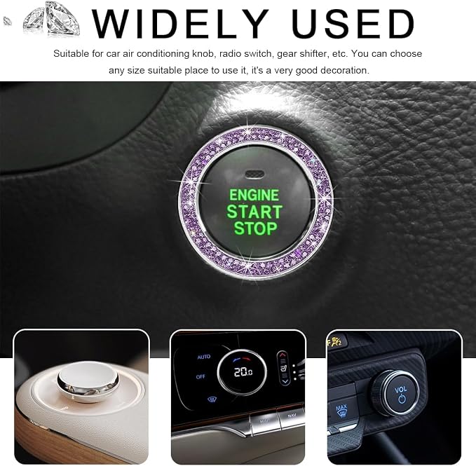 Car Bling Crystal Rhinestone Engine Start Ring Decals, Sparkling Diamond Car Push Start Button Ignition Ring Sticker, Auto Key Ignition Knob Ring Decoration for Women Girls (Purple)