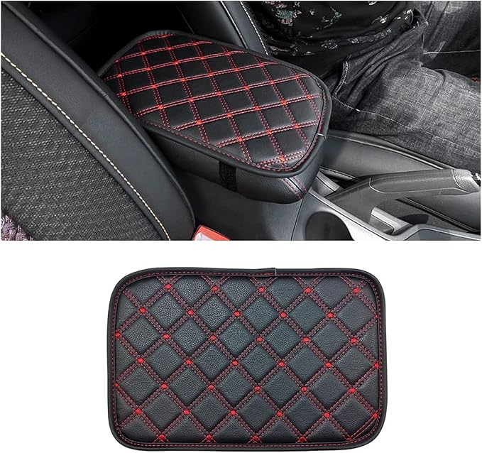 8sanlione Car Leather Center Console Cushion Pad, 11.4"x7.4" Waterproof Armrest Seat Box Cover Fit for Cars, Vehicles, SUVs, Comfort, Car Interior Protection Accessories (Black/Red-2)