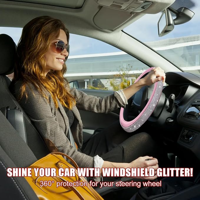 povtii Bling Car Steering Wheel Cover, Sparkling Crystal Rhinestone Auto Wheel Protector, Anti Slip Cover Fit 15 Inch Steering Wheel for Women Girls, Universal Car Accessories (White+Pink)