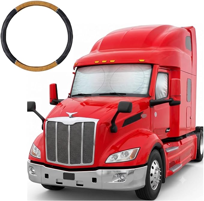 BDK Motor Trend Semi Truck Steering Wheel Cover & Windshield Sunshade Bundle – 18" Leather & Wood Steering Wheel Cover with Wrap Around Privacy Windshield Sun Shade for Big Rigs & Commercial Trucks