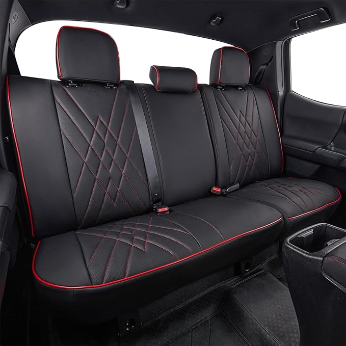 EKR Custom Fit Tacoma Leather Car Seat Covers for Toyota Tacoma 2012 2013 2014 2015 (TRD Sport Seats)- Full Set,Faux Leather(Black with Red Trim)