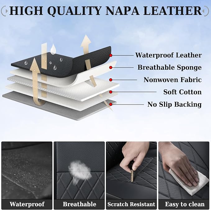 Coverado Tacoma Seat Covers Full Set, Faux Leather Car Seat Covers Custom Fit for 2005-2023 Toyota Tacoma Double & Crew Cab SR SR5 Limited TRD Sport/Pro/Off Road Toyota Tacoma Accessories (Black)