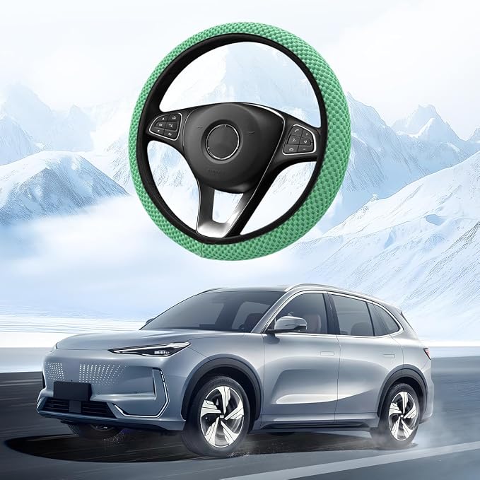 Car Elastic Stretch Steering Wheel Cover, 14.5-15" Breathable Ice Silk Anti-Slip Vehicle Steering Wheel Protector, Comfy Auto Interior Protection Accessories, Universal Fit (Green)