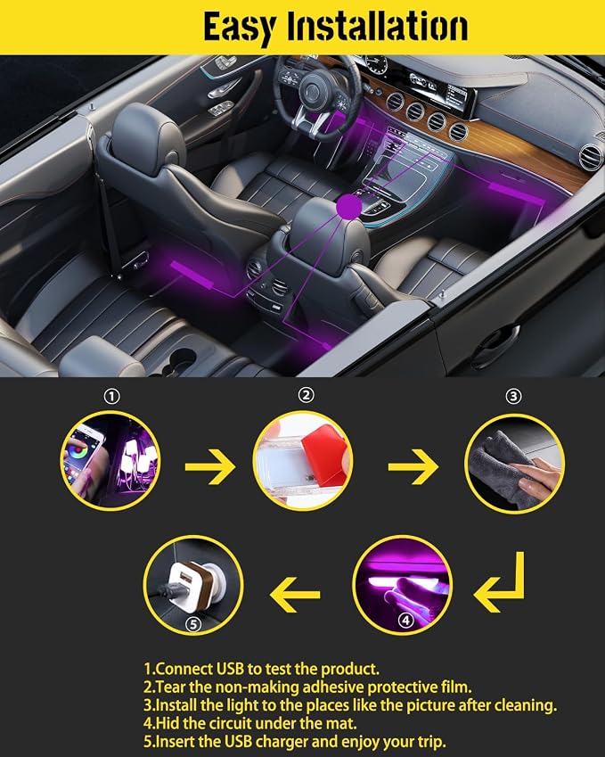 YONGMING Car LED Interior Lights, RGB USB Mood Lighting with Music Sync | APP-controlled RGB LED strip lights with music-activated modes for car footwell, console and interior ambient lighting.