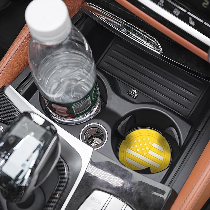 AUCELI 2 Pack Car Cup Holder Coasters, Colored American Flag US Flag Insert Car Cup Coaster, 2.75 Inch Anti Slip Shockproof Embedded Drink Mat, Vehicle Interior Decor Accessories