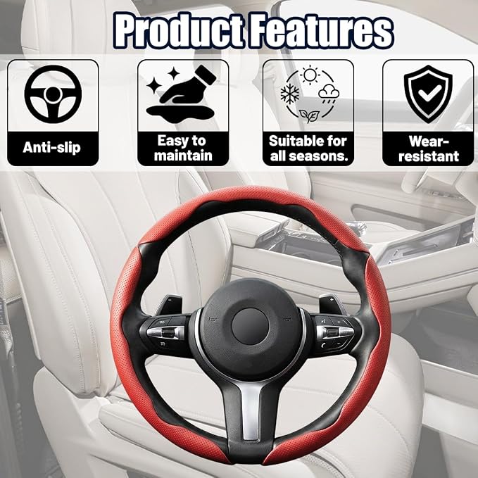 3PCS Car Steering Wheel Cover, 14.5-15" Breathable Nappa Leather Segmented Steering Wheel Protector with Non-Slip Grip, Stylish Auto Interior Decor Accessories, Universal for Vehicles (Red)