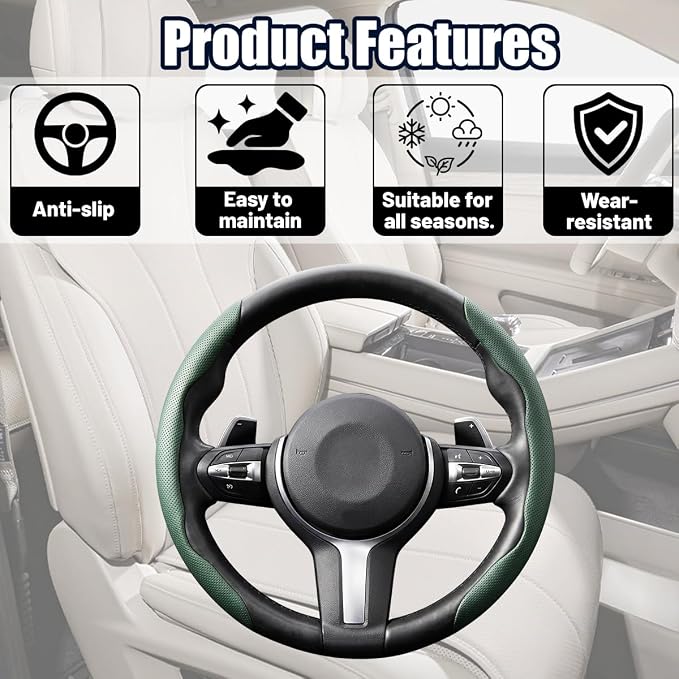2PCS Car Steering Wheel Cover, 14.5-15" Breathable Nappa Leather Segmented Steering Wheel Protector with Non-Slip Grip, Stylish Auto Interior Decor Accessories, Universal for Vehicles (Green)