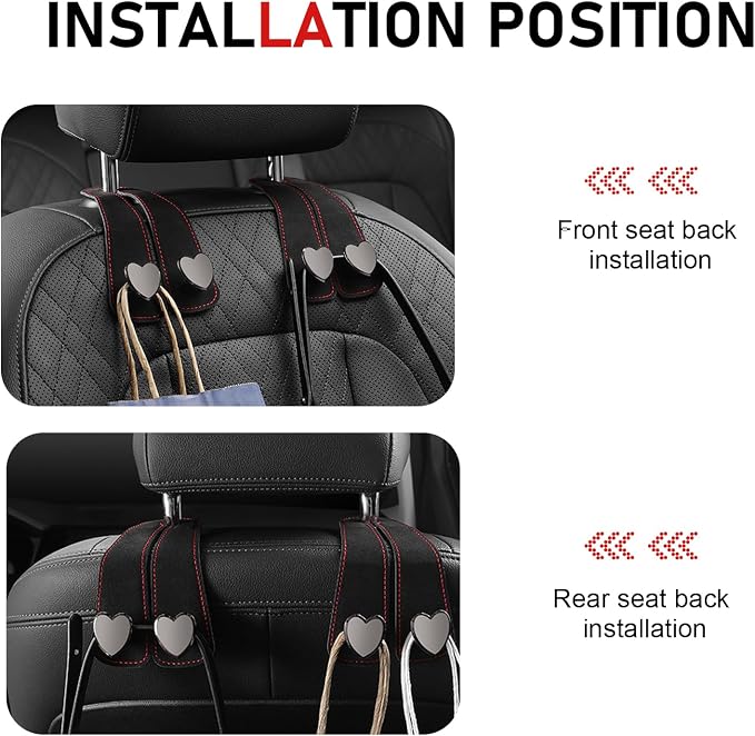 2 PCS Car Seat Headrest Hook, Suede Cute Heart Shape Metal Double Head Purse Hook, Universal Automotive Seat Back Storage Hanger, Car Accessories for Women (Black)