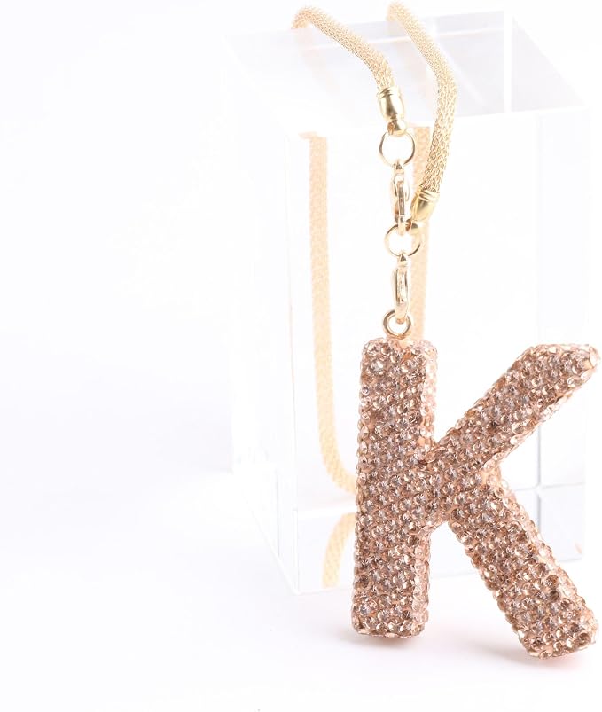 Bling Car Accessories for Women Letter Charm, Rainbow Color Rear View Mirror Cute Crystal Pendant Car Decorations, Lucky Gifts Diamond Rhinestone Charm Interior (K, Champagne Gold)