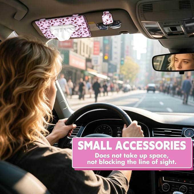 2 Pcs Sunglass Holder and 1Pcs Car Tissue Holder for Car,Magnetic Leather Sunglasses Holder Car Sun Visor Glasses Hanger Clip,Car Interior Accessories for Women(Pink Cherry)